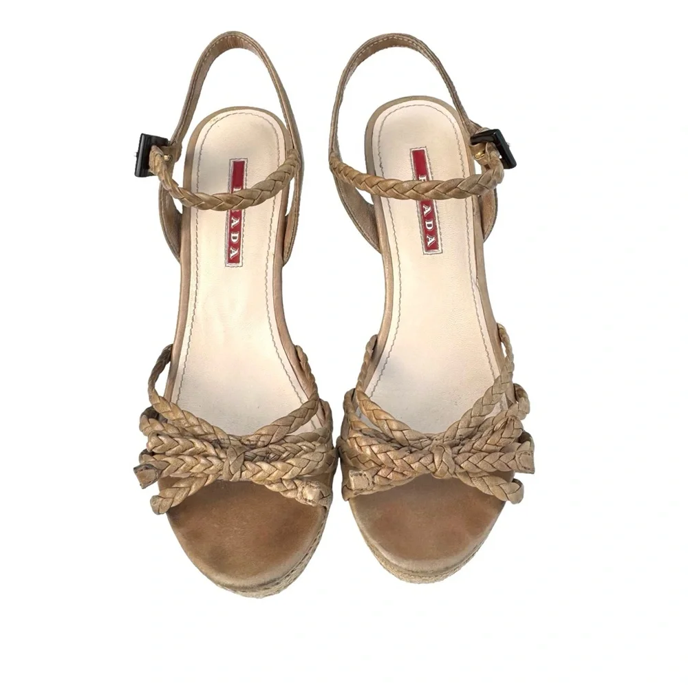 PRADA Strappy Sandals Cork Wedges Tan - Picture 9 of 16